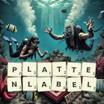 Kreative Illustration für ein Scrabble-Spiel, bei dem das Wort PLATTENLABEL mit Steinen auf dem Brett gelegt wurde.