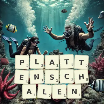 Kreative Illustration für ein Scrabble-Spiel, bei dem das Wort PLATTENSCHALEN mit Steinen auf dem Brett gelegt wurde.