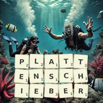 Kreative Illustration für ein Scrabble-Spiel, bei dem das Wort PLATTENSCHIEBER mit Steinen auf dem Brett gelegt wurde.