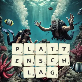 Kreative Illustration für ein Scrabble-Spiel, bei dem das Wort PLATTENSCHLAG mit Steinen auf dem Brett gelegt wurde.