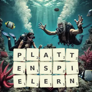 Kreative Illustration für ein Scrabble-Spiel, bei dem das Wort PLATTENSPIELERN mit Steinen auf dem Brett gelegt wurde.