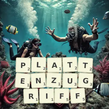 Kreative Illustration für ein Scrabble-Spiel, bei dem das Wort PLATTENZUGRIFF mit Steinen auf dem Brett gelegt wurde.