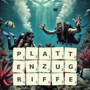 Kreative Illustration für ein Scrabble-Spiel, bei dem das Wort PLATTENZUGRIFFE mit Steinen auf dem Brett gelegt wurde.