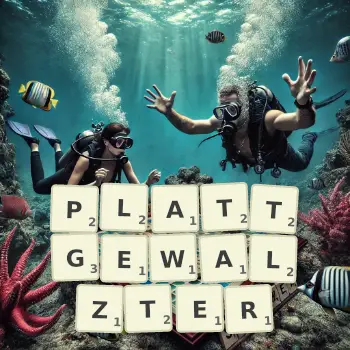 Kreative Illustration für ein Scrabble-Spiel, bei dem das Wort PLATTGEWALZTER mit Steinen auf dem Brett gelegt wurde.