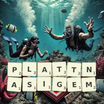 Kreative Illustration für ein Scrabble-Spiel, bei dem das Wort PLATTNASIGEM mit Steinen auf dem Brett gelegt wurde.