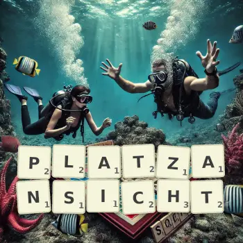 Kreative Illustration für ein Scrabble-Spiel, bei dem das Wort PLATZANSICHT mit Steinen auf dem Brett gelegt wurde.