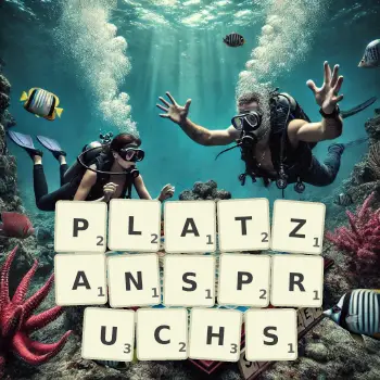 Kreative Illustration für ein Scrabble-Spiel, bei dem das Wort PLATZANSPRUCHS mit Steinen auf dem Brett gelegt wurde.
