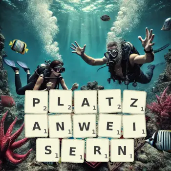 Kreative Illustration für ein Scrabble-Spiel, bei dem das Wort PLATZANWEISERN mit Steinen auf dem Brett gelegt wurde.
