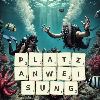 Kreative Illustration für ein Scrabble-Spiel, bei dem das Wort PLATZANWEISUNG mit Steinen auf dem Brett gelegt wurde.