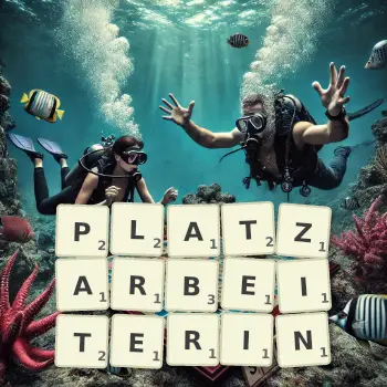 Kreative Illustration für ein Scrabble-Spiel, bei dem das Wort PLATZARBEITERIN mit Steinen auf dem Brett gelegt wurde.