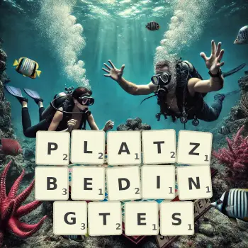 Kreative Illustration für ein Scrabble-Spiel, bei dem das Wort PLATZBEDINGTES mit Steinen auf dem Brett gelegt wurde.