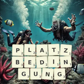 Kreative Illustration für ein Scrabble-Spiel, bei dem das Wort PLATZBEDINGUNG mit Steinen auf dem Brett gelegt wurde.