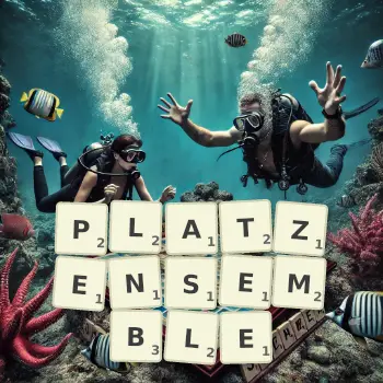 Kreative Illustration für ein Scrabble-Spiel, bei dem das Wort PLATZENSEMBLE mit Steinen auf dem Brett gelegt wurde.