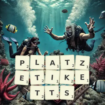 Kreative Illustration für ein Scrabble-Spiel, bei dem das Wort PLATZETIKETTS mit Steinen auf dem Brett gelegt wurde.