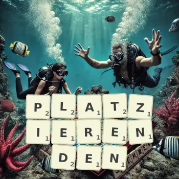 Kreative Illustration für ein Scrabble-Spiel, bei dem das Wort PLATZIERENDEN mit Steinen auf dem Brett gelegt wurde.