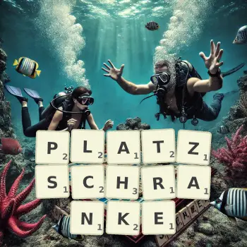 Kreative Illustration für ein Scrabble-Spiel, bei dem das Wort PLATZSCHRANKE mit Steinen auf dem Brett gelegt wurde.