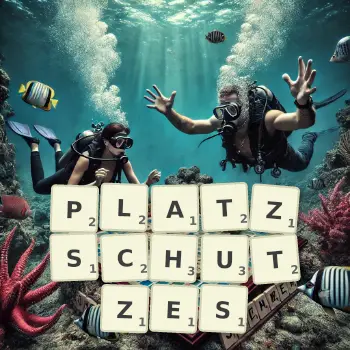 Kreative Illustration für ein Scrabble-Spiel, bei dem das Wort PLATZSCHUTZES mit Steinen auf dem Brett gelegt wurde.