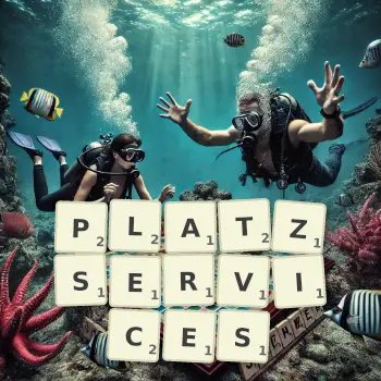 Kreative Illustration für ein Scrabble-Spiel, bei dem das Wort PLATZSERVICES mit Steinen auf dem Brett gelegt wurde.