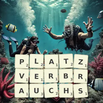 Kreative Illustration für ein Scrabble-Spiel, bei dem das Wort PLATZVERBRAUCHS mit Steinen auf dem Brett gelegt wurde.