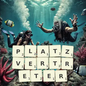 Kreative Illustration für ein Scrabble-Spiel, bei dem das Wort PLATZVERTRETER mit Steinen auf dem Brett gelegt wurde.