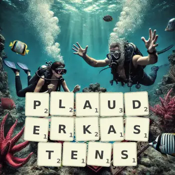 Kreative Illustration für ein Scrabble-Spiel, bei dem das Wort PLAUDERKASTENS mit Steinen auf dem Brett gelegt wurde.