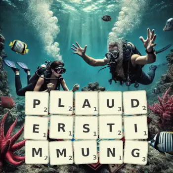 Kreative Illustration für ein Scrabble-Spiel, bei dem das Wort PLAUDERSTIMMUNG mit Steinen auf dem Brett gelegt wurde.
