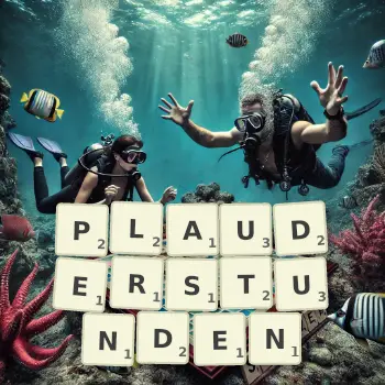 Kreative Illustration für ein Scrabble-Spiel, bei dem das Wort PLAUDERSTUNDEN mit Steinen auf dem Brett gelegt wurde.