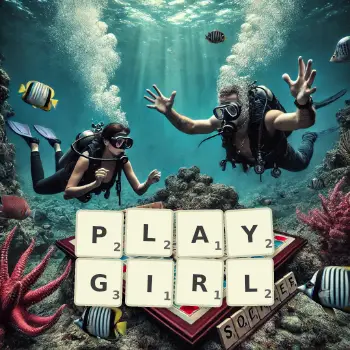 Kreative Illustration für ein Scrabble-Spiel, bei dem das Wort PLAYGIRL mit Steinen auf dem Brett gelegt wurde.