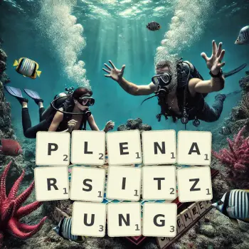 Kreative Illustration für ein Scrabble-Spiel, bei dem das Wort PLENARSITZUNG mit Steinen auf dem Brett gelegt wurde.