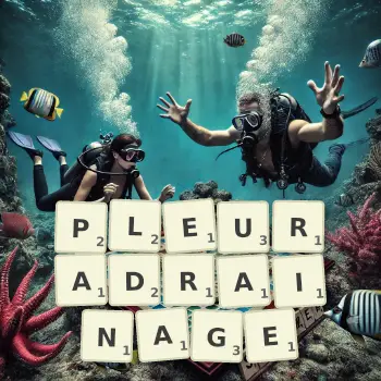 Kreative Illustration für ein Scrabble-Spiel, bei dem das Wort PLEURADRAINAGE mit Steinen auf dem Brett gelegt wurde.