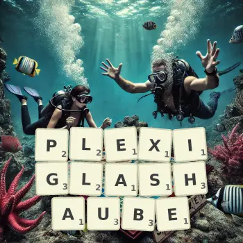 Kreative Illustration für ein Scrabble-Spiel, bei dem das Wort PLEXIGLASHAUBE mit Steinen auf dem Brett gelegt wurde.