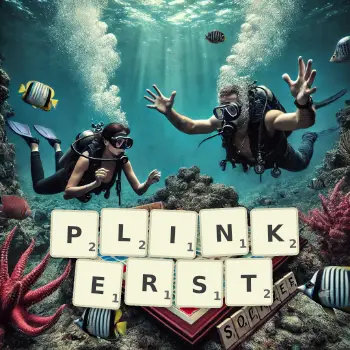 Kreative Illustration für ein Scrabble-Spiel, bei dem das Wort PLINKERST mit Steinen auf dem Brett gelegt wurde.