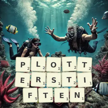 Kreative Illustration für ein Scrabble-Spiel, bei dem das Wort PLOTTERSTIFTEN mit Steinen auf dem Brett gelegt wurde.