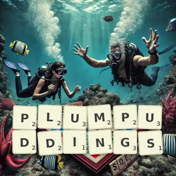 Kreative Illustration für ein Scrabble-Spiel, bei dem das Wort PLUMPUDDINGS mit Steinen auf dem Brett gelegt wurde.