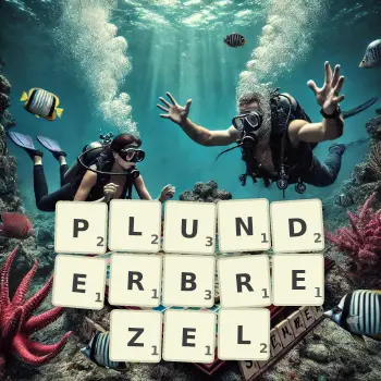 Kreative Illustration für ein Scrabble-Spiel, bei dem das Wort PLUNDERBREZEL mit Steinen auf dem Brett gelegt wurde.