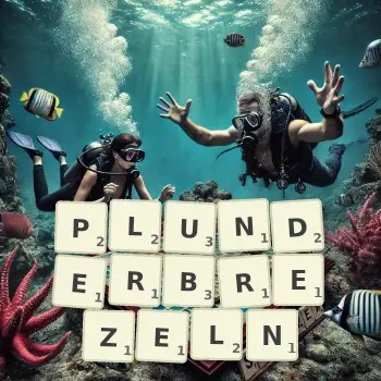 Kreative Illustration für ein Scrabble-Spiel, bei dem das Wort PLUNDERBREZELN mit Steinen auf dem Brett gelegt wurde.