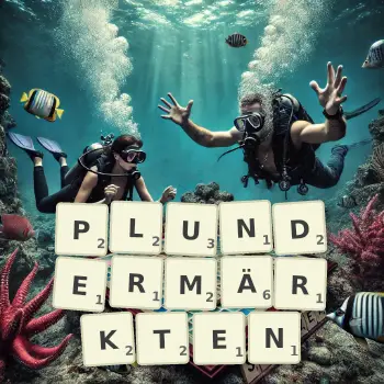 Kreative Illustration für ein Scrabble-Spiel, bei dem das Wort PLUNDERMÄRKTEN mit Steinen auf dem Brett gelegt wurde.