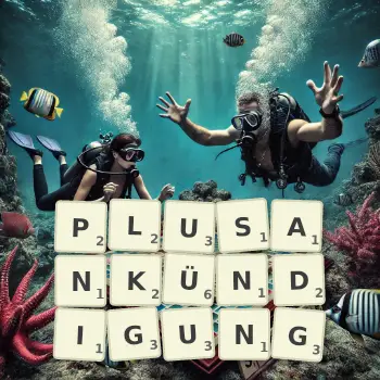 Kreative Illustration für ein Scrabble-Spiel, bei dem das Wort PLUSANKÜNDIGUNG mit Steinen auf dem Brett gelegt wurde.