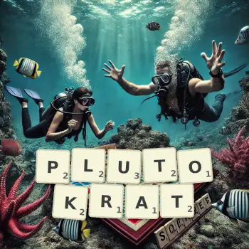 Kreative Illustration für ein Scrabble-Spiel, bei dem das Wort PLUTOKRAT mit Steinen auf dem Brett gelegt wurde.