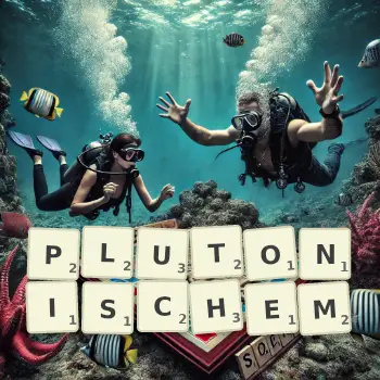 Kreative Illustration für ein Scrabble-Spiel, bei dem das Wort PLUTONISCHEM mit Steinen auf dem Brett gelegt wurde.