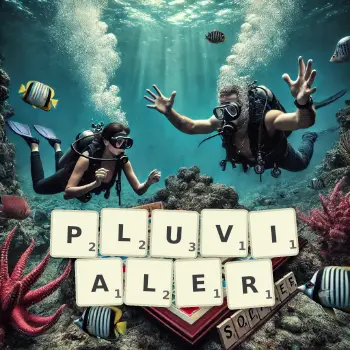Kreative Illustration für ein Scrabble-Spiel, bei dem das Wort PLUVIALER mit Steinen auf dem Brett gelegt wurde.
