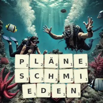 Kreative Illustration für ein Scrabble-Spiel, bei dem das Wort PLÄNESCHMIEDEN mit Steinen auf dem Brett gelegt wurde.