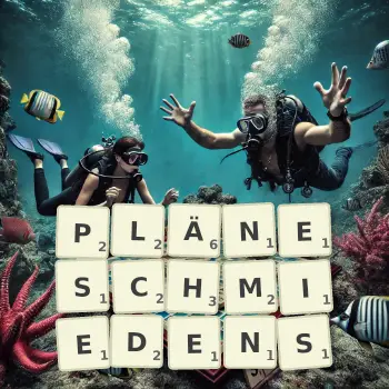 Kreative Illustration für ein Scrabble-Spiel, bei dem das Wort PLÄNESCHMIEDENS mit Steinen auf dem Brett gelegt wurde.