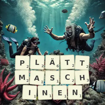 Kreative Illustration für ein Scrabble-Spiel, bei dem das Wort PLÄTTMASCHINEN mit Steinen auf dem Brett gelegt wurde.
