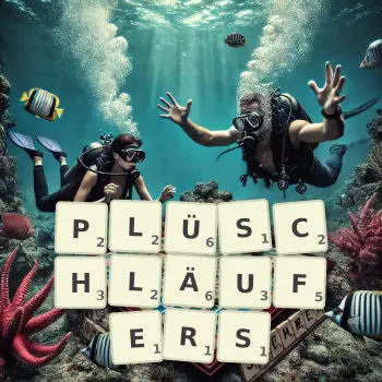 Kreative Illustration für ein Scrabble-Spiel, bei dem das Wort PLÜSCHLÄUFERS mit Steinen auf dem Brett gelegt wurde.