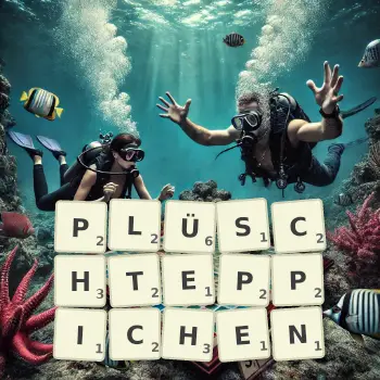 Kreative Illustration für ein Scrabble-Spiel, bei dem das Wort PLÜSCHTEPPICHEN mit Steinen auf dem Brett gelegt wurde.