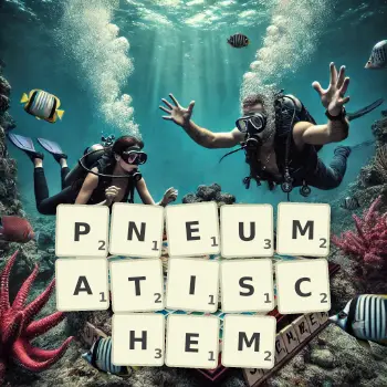 Kreative Illustration für ein Scrabble-Spiel, bei dem das Wort PNEUMATISCHEM mit Steinen auf dem Brett gelegt wurde.