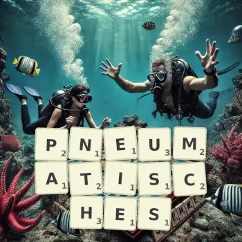 Kreative Illustration für ein Scrabble-Spiel, bei dem das Wort PNEUMATISCHES mit Steinen auf dem Brett gelegt wurde.