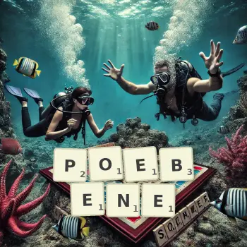 Kreative Illustration für ein Scrabble-Spiel, bei dem das Wort POEBENE mit Steinen auf dem Brett gelegt wurde.