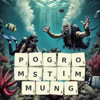 Kreative Illustration für ein Scrabble-Spiel, bei dem das Wort POGROMSTIMMUNG mit Steinen auf dem Brett gelegt wurde.